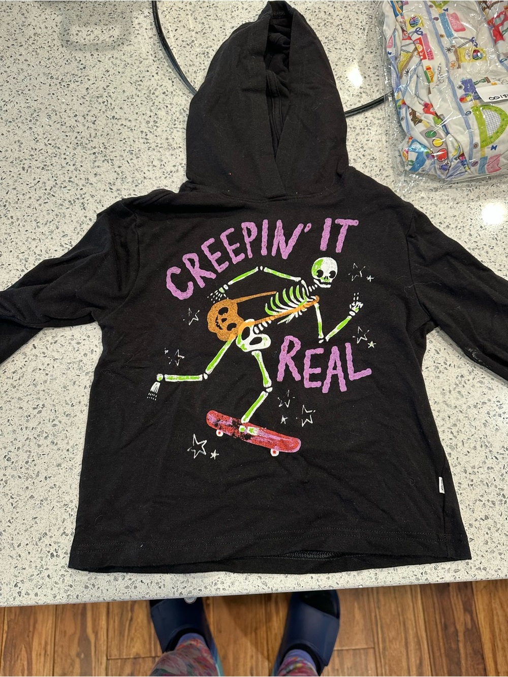 Little Sleepies Black Hoodie Tee with 'Creepin' It Real' Skeleton Skate Graphic